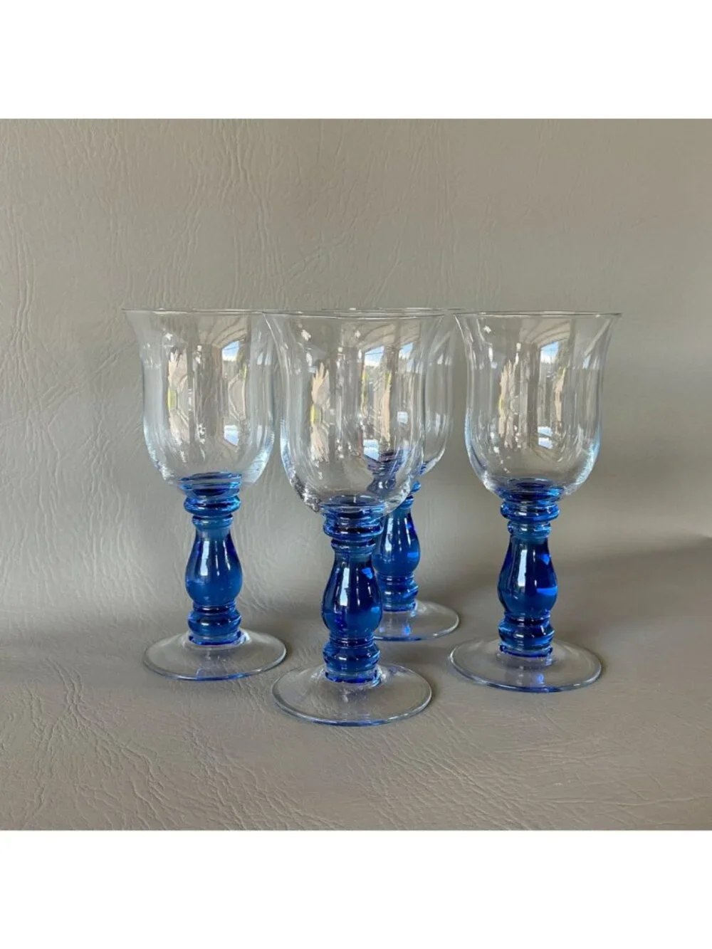 Vintage Royal Blue Stem Wine Glasses Water Goblets Tulip Clear Bowl Set of 4